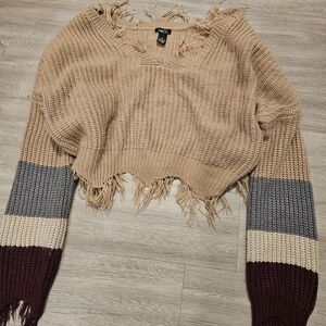 Rue21 Frayed V-Neck Sweater in Tan and Brown